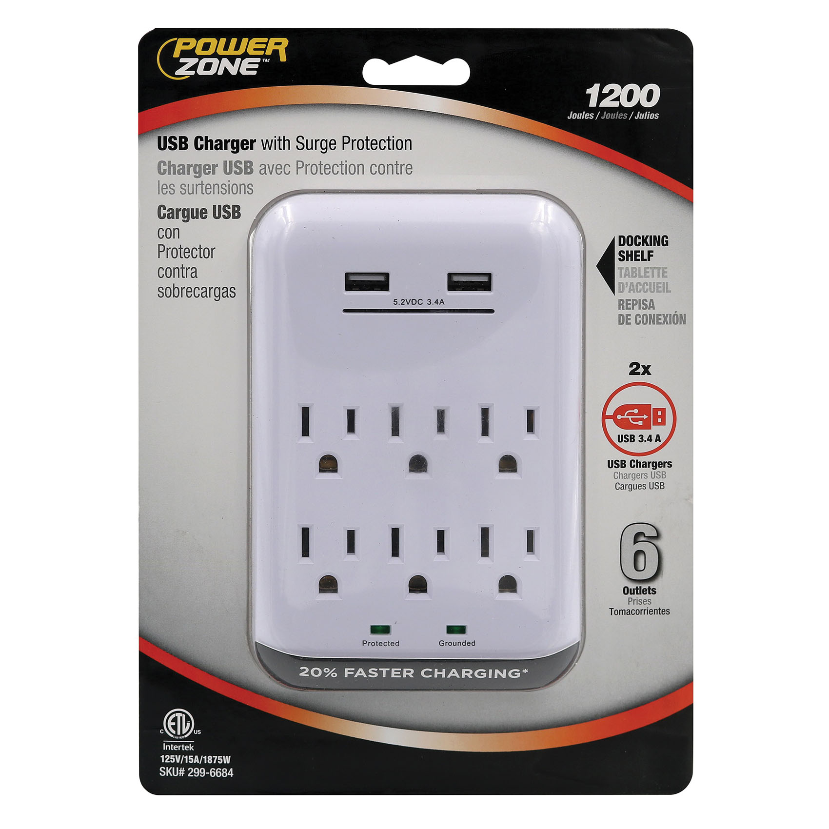 USB Charger with Surge Protection, 6-Outlets, 2 -Pole, 3.4 A